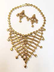 Vintage Schreiner Light Topaz Square Rhinestone Bib Necklace & Earrings