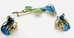 Vintage 1980’s Gold Plated Blue & Yellow Enamel Flower Brooch & Earrings Set