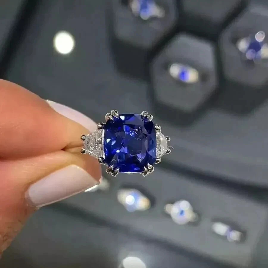 Art Deco Cushion Cut Sapphire & Lab-Grown Diamond 14K White Gold FN Wedding Ring