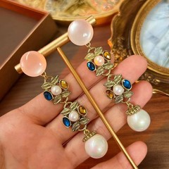 Vintage European Pearl Drop Earrings, Rhinestone Gold Tone Victorian Jewelry