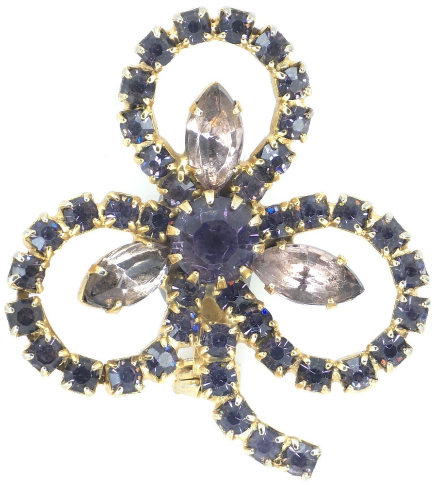 Vintage Gold Tone Purple Glass Rhinestone Shamrock Brooch Clover Pin