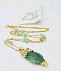 Nolan Miller Necklace Carved Faux Jade Pendant Gold Tone Retired Vintage Rare