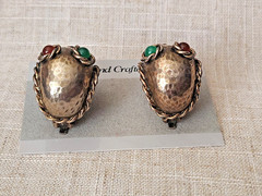 Vtg LES BERNARD Clip Earrings Antiqued Gold Tone Multicolor Rhinestone Cabochons