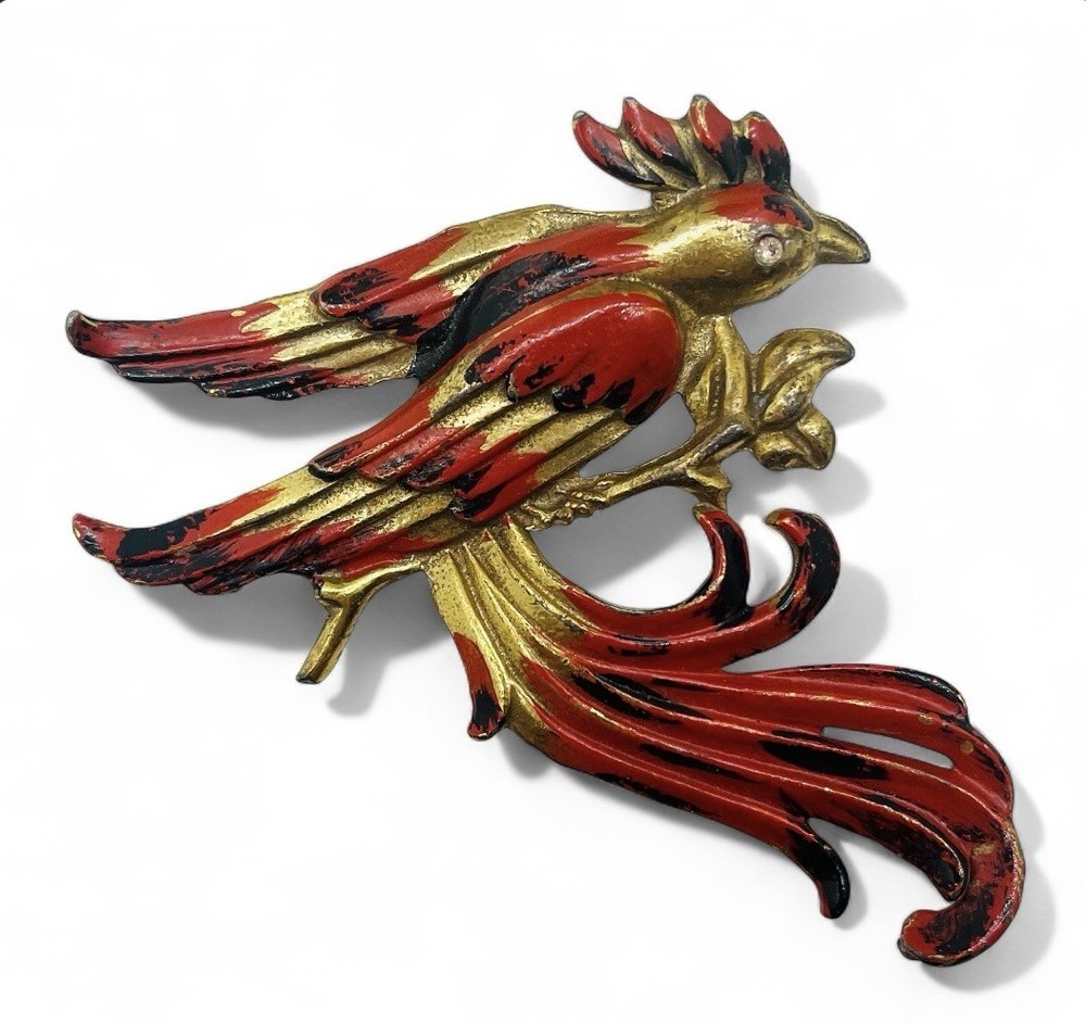 Vintage 1940’s Large 3” Gold Wash Pot Metal Enamel Figural Exotic Bird Brooch