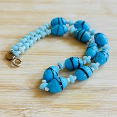 VTG Art Deco Czech Pastel Blue Glass Choker Necklace Retro Aqua Chunky Beads 16″