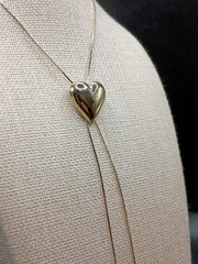 Vintage Heart Lariat Necklace Puffy Slide Pendant Gold Tone Bolo Tassel