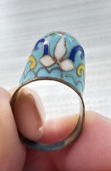 VTG Chinese Blue Cloisonne Enamel And Copper Ring Flowers Leaves Stems Sz 7
