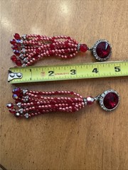 Vintage Super Long Dangle Drop Red Crystal Rivoli Pink Pearl Clip On Earrings