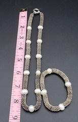 Vintage White Pearl Silver Tone Set Necklace 17″ Bracelet 6.25 in upstretched