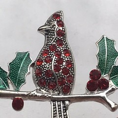 KC Brooch Red Green Enamel Jeweled Vintage Cardinal Holly Christmas Holiday