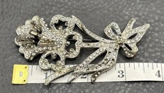 HUGE Vintage Art Deco Pot Metal Rhinestone Iris Flower Brooch Pin READ