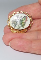 VTG Colored Scrimshaw Brooch: “JJJ 1/20 12KGF”, Butterfly, Flower, Gold Trim