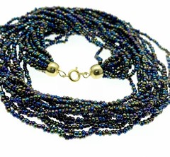 Vintage Peacock Iridescent Glass Seed Bead Multi Strand Choker Necklace 14”