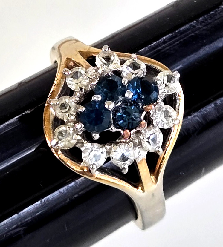Vintage Sapphire & Clear Glass Cocktail Gold Tone Ring Size 7 Signed G