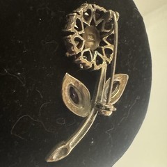 Vintage CZ Amethyst Marcasite 925 Sterling Silver Flower Brooch Pin 1.75 In 8.2g