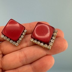 Vintage Coro Art Deco Earrings Lot Blue Red Thermoset Rhinestone Clip On Signed