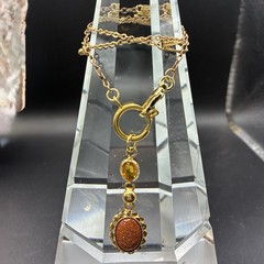 Vintage 12k GF Pocket Watch Chain FOB Necklace, Dog Clip,Goldstone & Citrine Gem