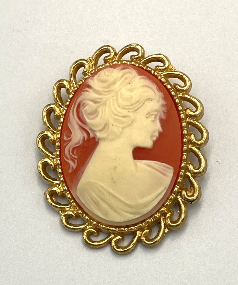 Vtg AAI Cameo Brooch Faux Carnelian Gold Toned Oval Retro Feminine Grandma Chic