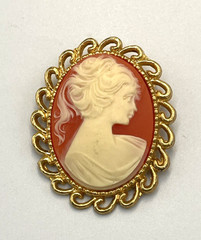 Vtg AAI Cameo Brooch Faux Carnelian Gold Toned Oval Retro Feminine Grandma Chic