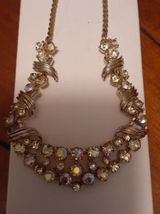 Vintage Aurora borealis gold tone bib necklace adjusts up to 19″ glamorous