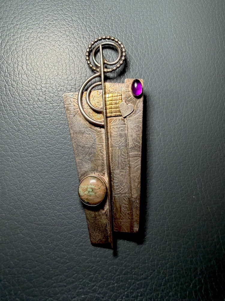 Vintage Lynda Thorpe Signed Mixed Metals & Stone Modernist Brooch Pin 1996