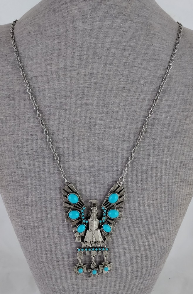 Vintage Silver Tone Thunderbird Pendant Necklace w/Faux Turquoise Decoration