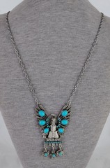 Vintage Silver Tone Thunderbird Pendant Necklace w/Faux Turquoise Decoration