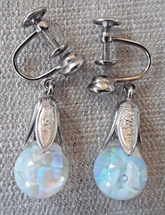 Vintage .925 Silver Opalite Floating Opal Chips In Glass Screw Back Earrings