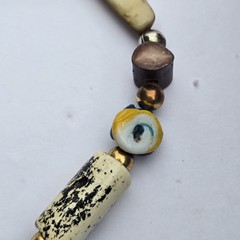 Vintage Boho Beaded Necklace Painted Glass Carved Wood Shell Metal Beads