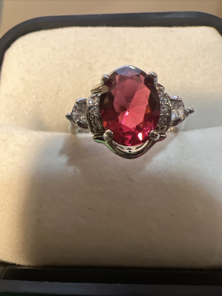Vintage White Gold Plated Pink Tourmaline & CZ Victorian Style Cocktail Ring 5
