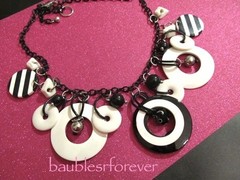 1980s Lucite & Metal Disk Charms Bells Glass Beads Necklace Black Enamel Chain