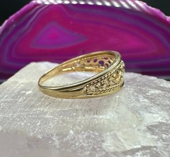 Garnet Filigree Band Ring Vintage 14K Yellow Gold Size 7.5