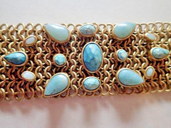 Chunky Wide Brass Metal Meshed Bracelet with Amazonite Stones Signed KC