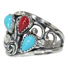 Wheeler MFG Sterling Silver Sleeping Turquoise Coral Diamond Cut Rose Leaf Ring