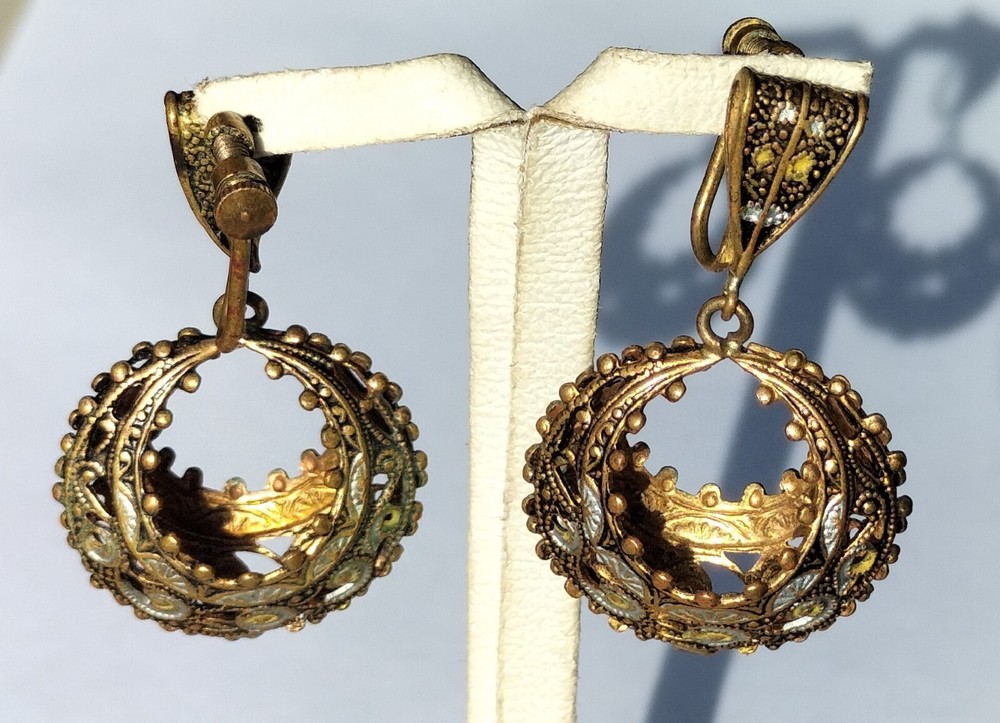 Vintage Spanish Damascene Clip-On Earrings Gold Tone Classic Collection 45 mm
