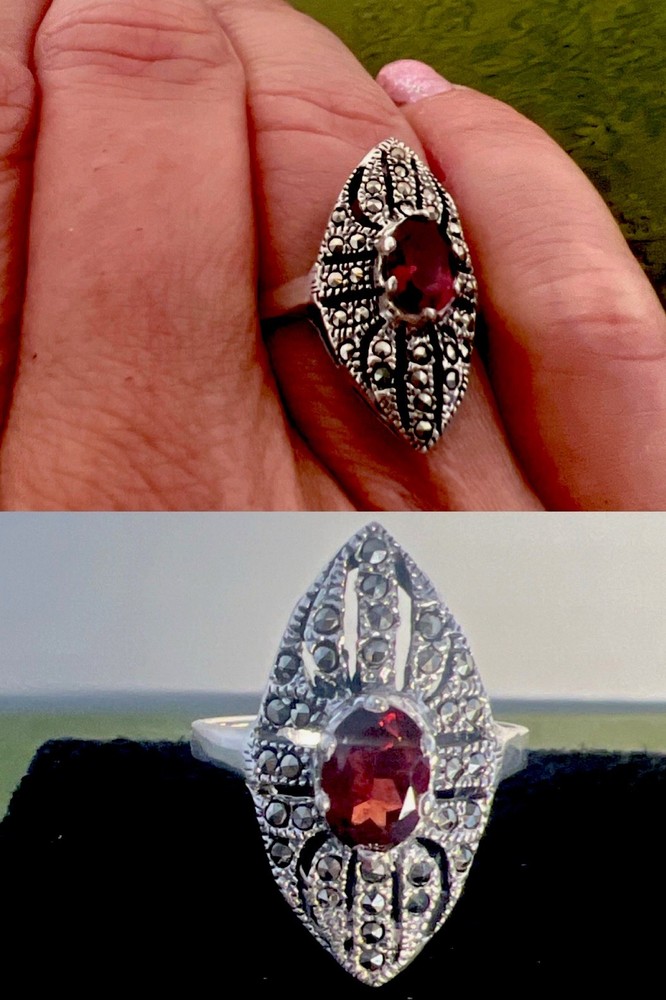 Vtg Art Deco Marquise Red Garnet & Marcasite 925 Sterling Silver 7.75 Signed CW