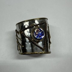 Vintage Mixed Metals Brutalist 7″ Cuff Bracelet Blue Swirl Glass Stone