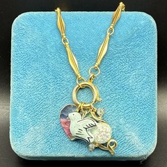 Over the Rainbow Bluebirds Fly: Vtg Gold Plated Chain Necklace, Bird, Confetti +