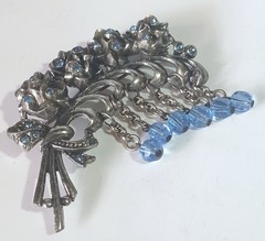 Vintage Pot Metal Floral Spray Brooch w/ Blue Rhinestones & Blue Dangling Beads