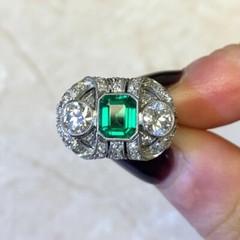 Antique Green Emerald & Lab Created Diamond Three-Stone Wedding 925 Silver Ring