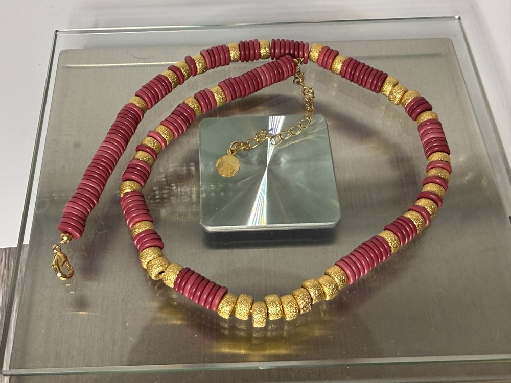 Mayamar (24K Gold Plate) No Charm X ~ Red Bead Necklace Anion w/ Extension (NEW)