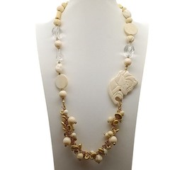 Vintage Roxsann Multi-Strand Beaded Necklace w/ Carved Rose Pendant & Gold Accen