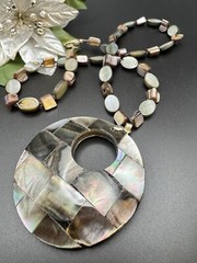 Vintage Mother Of Pearl & Abalone Coin Necklace With Large Shell Pendant