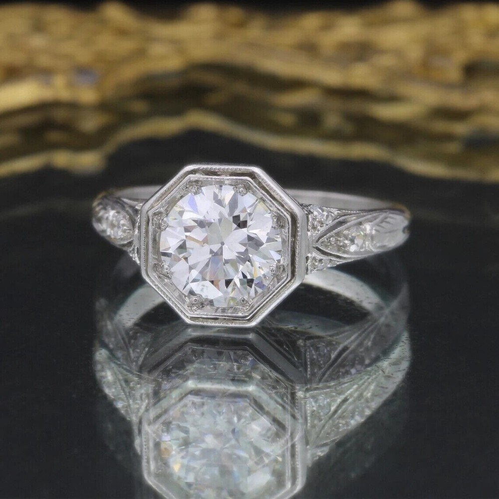 Octagon Wedding Vintage Art Deco Ring 14K White Gold Over 2 Ct Simulated Diamond