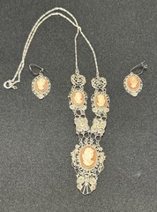 Vintage 800 Silver Filigree Cameo Parure Necklace & Earrings