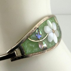 Vintage Silver Abalone Mother of Pearl Flower Inlay Bangle Bracelet Oval Green