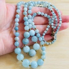 VTG AquaMarine Double strand Necklace Collar Beaded Round genuine Natural 19″
