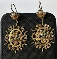 Rare Antique Victorian 14K Gold Earrings Basket Design With Pearl & Turquoise