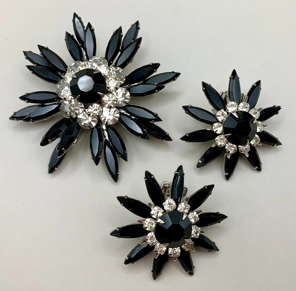 Vintage Judy Lee Brooch Earrings Set Black Navette Clear Rhinestone Flower