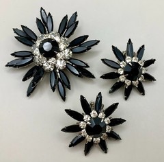 Vintage Judy Lee Brooch Earrings Set Black Navette Clear Rhinestone Flower